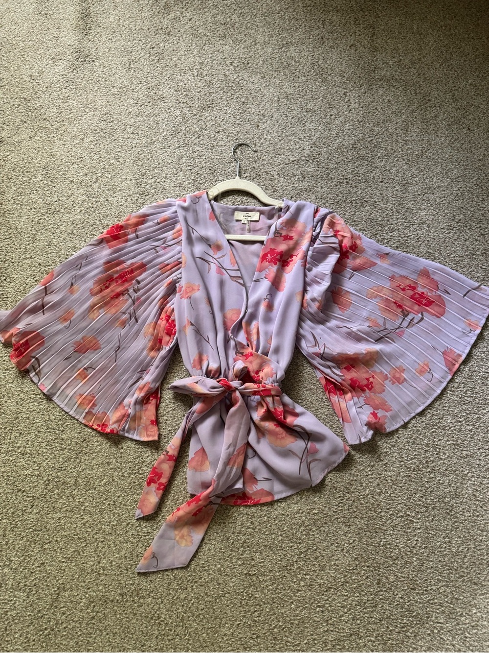Lilac Floral Pleated-Sleeve Tie Front Blouse